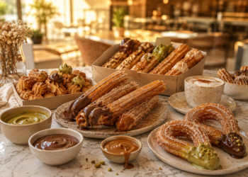 A premium Dubai dessert table with crispy churros, chocolate sauce, caramel sauce, pistachio cream, cinnamon sugar, coffee cups and sharing boxes.