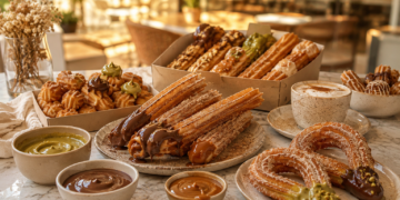 A premium Dubai dessert table with crispy churros, chocolate sauce, caramel sauce, pistachio cream, cinnamon sugar, coffee cups and sharing boxes.