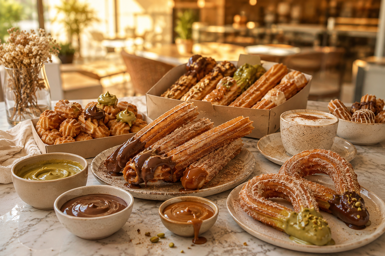 A premium Dubai dessert table with crispy churros, chocolate sauce, caramel sauce, pistachio cream, cinnamon sugar, coffee cups and sharing boxes.