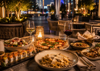 A premium City Walk Dubai restaurant table with elegant dishes, pizza, Greek plates, sushi, glassware and warm golden lighting.
