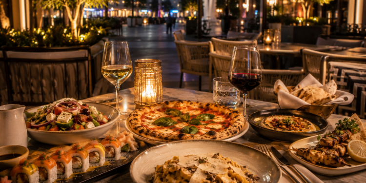 A premium City Walk Dubai restaurant table with elegant dishes, pizza, Greek plates, sushi, glassware and warm golden lighting.