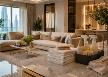 Best cleaning companies in Dubai scene with a spotless modern living room, cleaning products, folded towels and warm natural light.