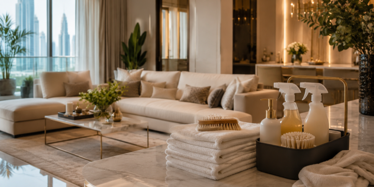 Best cleaning companies in Dubai scene with a spotless modern living room, cleaning products, folded towels and warm natural light.