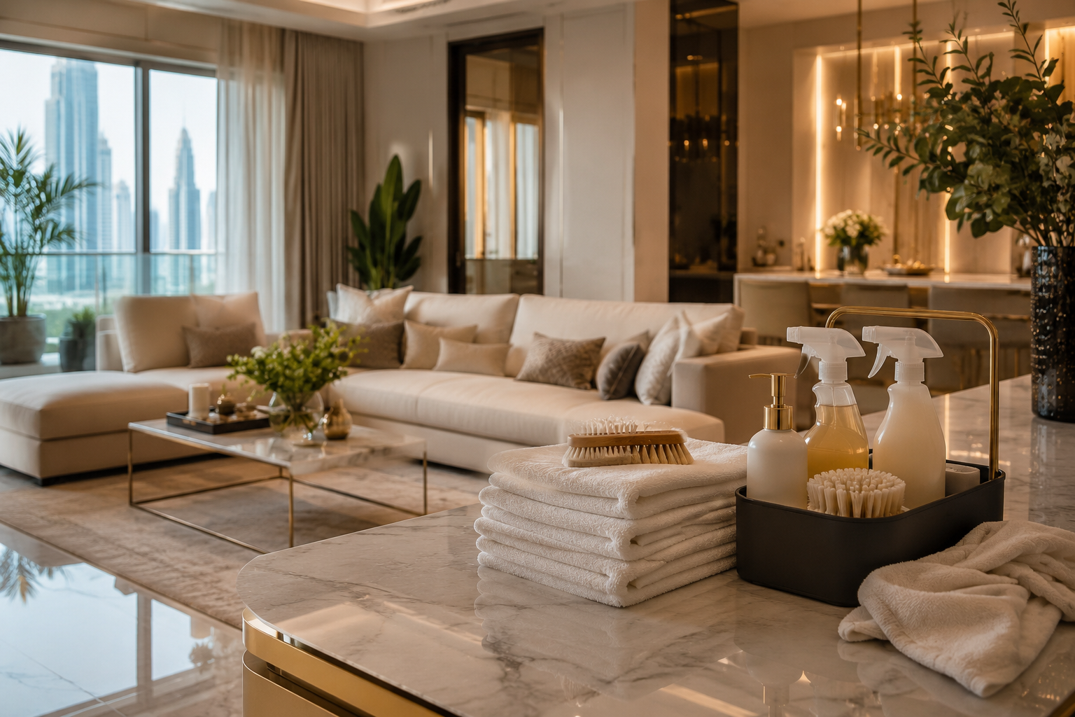 Best cleaning companies in Dubai scene with a spotless modern living room, cleaning products, folded towels and warm natural light.