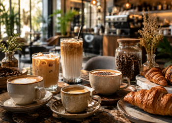 A premium coffee shop scene with espresso, iced coffee, pastries, coffee beans and warm café lighting in Dubai.