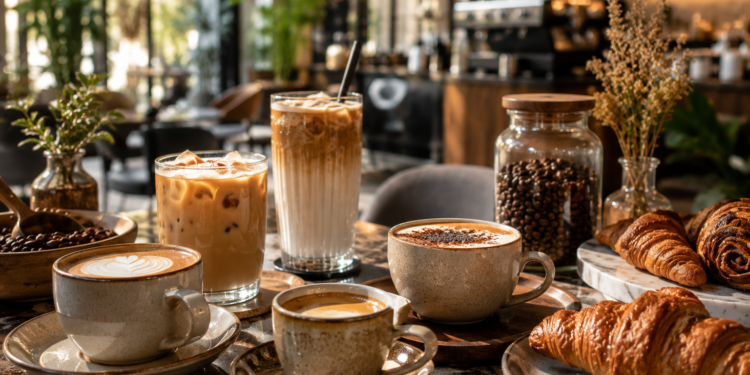 A premium coffee shop scene with espresso, iced coffee, pastries, coffee beans and warm café lighting in Dubai.