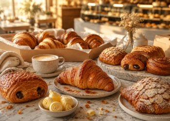 A premium Dubai bakery table with buttery croissants, almond croissants, pain au chocolat, coffee cups, pastry boxes and golden morning light.