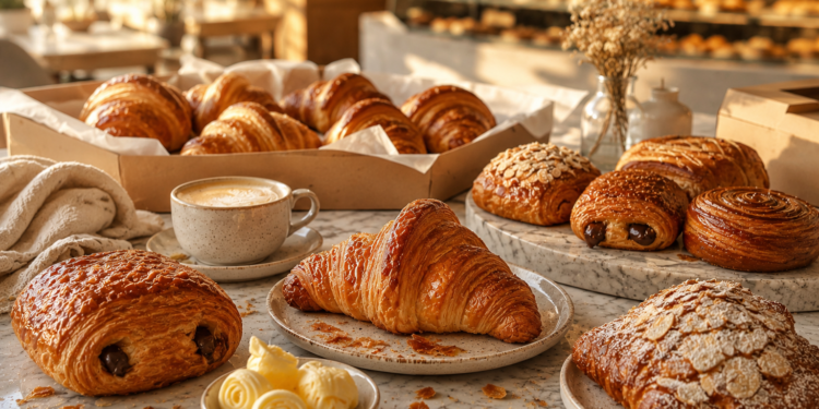 A premium Dubai bakery table with buttery croissants, almond croissants, pain au chocolat, coffee cups, pastry boxes and golden morning light.