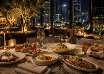 A premium DIFC Dubai restaurant table with elegant dishes, glassware, warm lighting and a modern financial district backdrop.