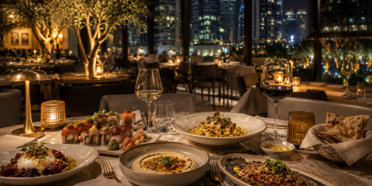 A premium DIFC Dubai restaurant table with elegant dishes, glassware, warm lighting and a modern financial district backdrop.