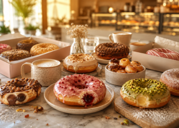 A premium Dubai bakery table with colourful filled doughnuts, glazed doughnuts, mini doughnuts, coffee cups, pastry boxes and golden café lighting.