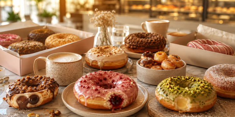A premium Dubai bakery table with colourful filled doughnuts, glazed doughnuts, mini doughnuts, coffee cups, pastry boxes and golden café lighting.