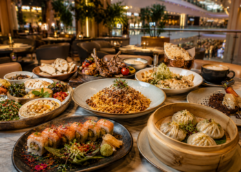 A premium Dubai mall restaurant spread with Lebanese mezze, pasta, sushi, dumplings, grilled meats, desserts and coffee on a stylish dining table.