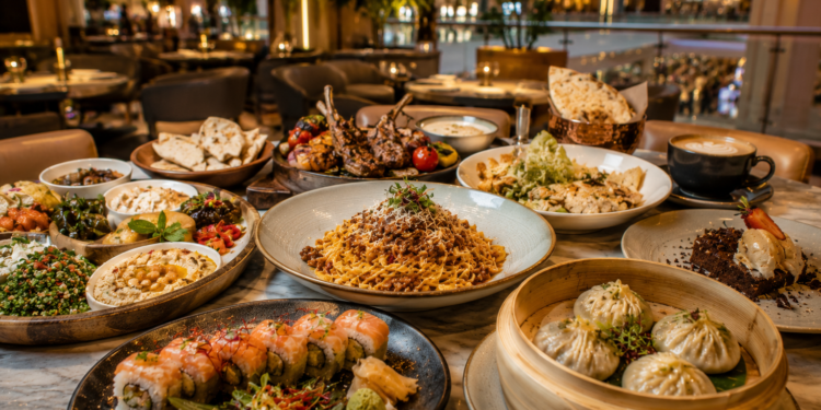 A premium Dubai mall restaurant spread with Lebanese mezze, pasta, sushi, dumplings, grilled meats, desserts and coffee on a stylish dining table.