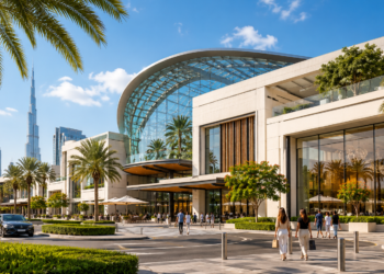Dubai Hills Mall exterior in Dubai Hills Estate with landscaped entrance and modern white mall architecture.