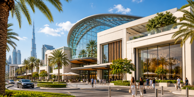 Dubai Hills Mall exterior in Dubai Hills Estate with landscaped entrance and modern white mall architecture.