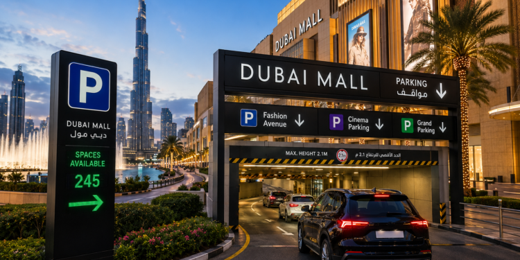 Dubai Mall parking entrance with cars, nearby fountain and Burj Khalifa in Downtown Dubai.