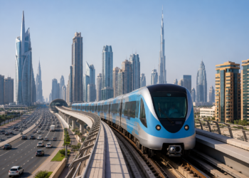 Dubai Metro Red Line train on an elevated track in central Dubai