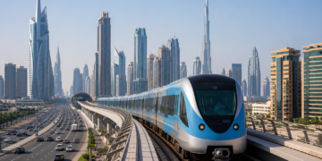 Dubai Metro Red Line train on an elevated track in central Dubai