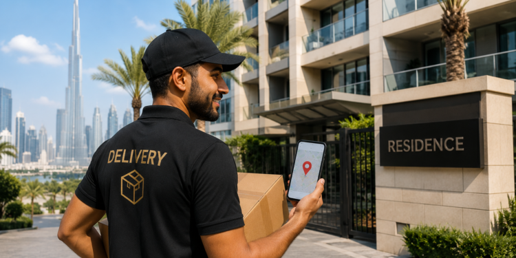 Courier delivery outside a Dubai apartment building for a guide explaining Dubai postcodes and ZIP codes