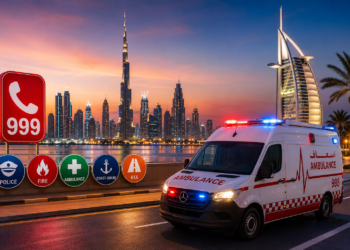 Dubai skyline at dusk with an emergency ambulance on a city road, representing essential UAE emergency services.