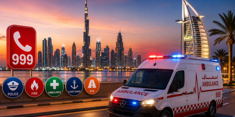 Dubai skyline at dusk with an emergency ambulance on a city road, representing essential UAE emergency services.