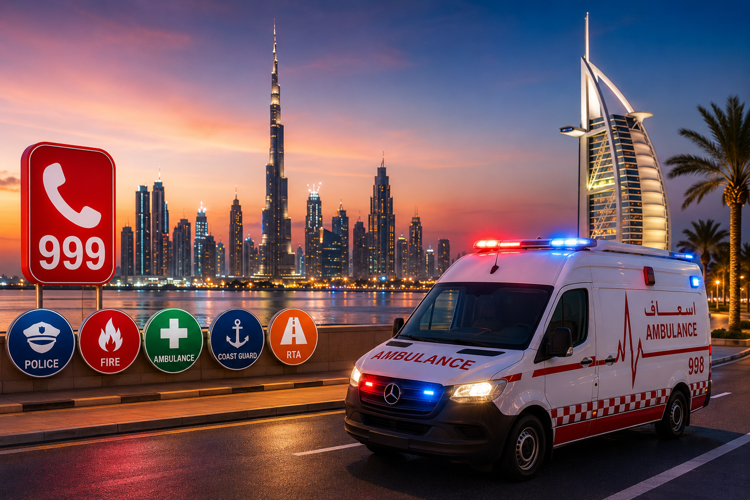 Dubai skyline at dusk with an emergency ambulance on a city road, representing essential UAE emergency services.