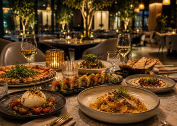 A premium Dubai Hills restaurant table with elegant dishes, pizza, sushi, pasta, glassware and warm golden lighting.
