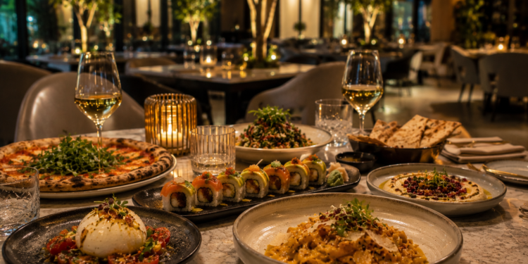 A premium Dubai Hills restaurant table with elegant dishes, pizza, sushi, pasta, glassware and warm golden lighting.