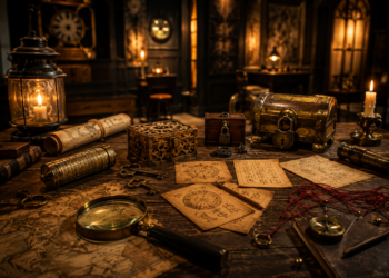 A premium cinematic Dubai escape room scene with mysterious clues, keys, locks, maps, candles and puzzle props on an elegant dark table.