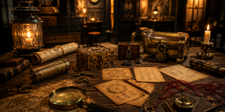 A premium cinematic Dubai escape room scene with mysterious clues, keys, locks, maps, candles and puzzle props on an elegant dark table.