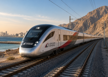 Etihad Rail passenger train travelling along the UAE coastline with Hajar Mountains in the background, representing the Abu Dhabi to Fujairah route.