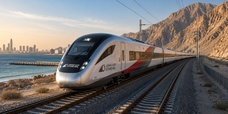 Etihad Rail passenger train travelling along the UAE coastline with Hajar Mountains in the background, representing the Abu Dhabi to Fujairah route.