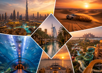 A premium Dubai experiences scene with Burj Khalifa skyline, desert safari, luxury attractions and warm golden lighting.