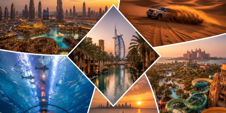 A premium Dubai experiences scene with Burj Khalifa skyline, desert safari, luxury attractions and warm golden lighting.