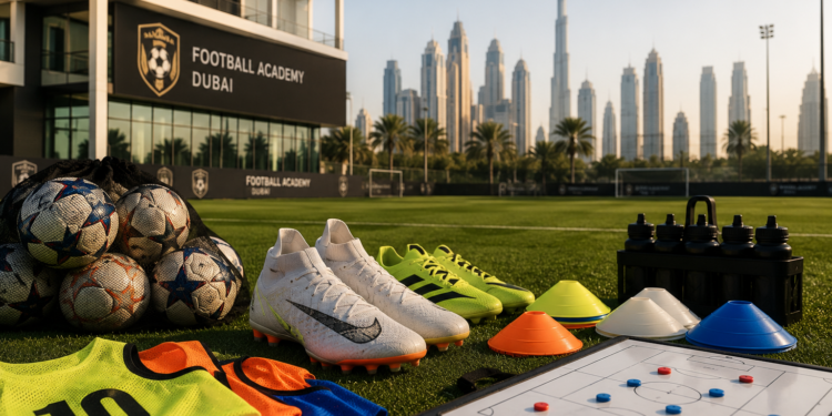 A premium Dubai youth football training scene with football boots, cones, balls, bibs and a modern pitch under golden light.