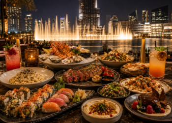 A premium restaurant table overlooking Dubai Fountain with elegant dishes and warm golden lighting.