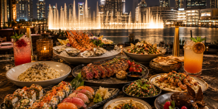 A premium restaurant table overlooking Dubai Fountain with elegant dishes and warm golden lighting.