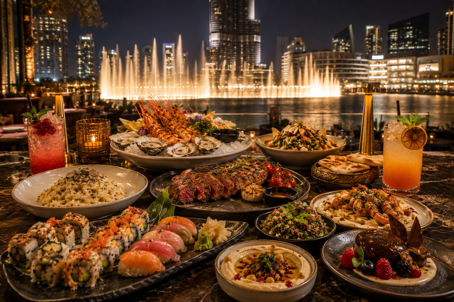 A premium restaurant table overlooking Dubai Fountain with elegant dishes and warm golden lighting.