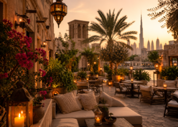 A premium Dubai hidden gem scene with a quiet courtyard café, art district details, greenery and warm golden lighting.