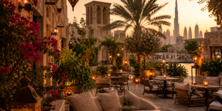 A premium Dubai hidden gem scene with a quiet courtyard café, art district details, greenery and warm golden lighting.