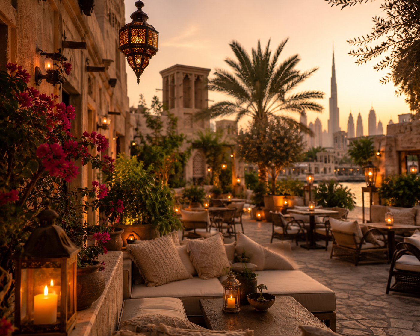 A premium Dubai hidden gem scene with a quiet courtyard café, art district details, greenery and warm golden lighting.