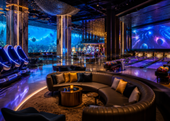 A premium Dubai indoor activity scene with arcade lights, VR games, bowling lanes, aquarium glow and family entertainment spaces.