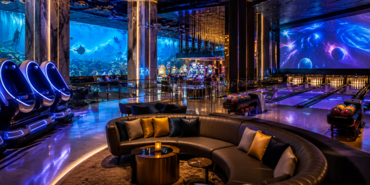 A premium Dubai indoor activity scene with arcade lights, VR games, bowling lanes, aquarium glow and family entertainment spaces.
