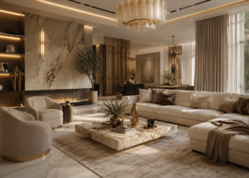 Best interior designers in Dubai scene with a luxury modern villa living room, marble surfaces, beige furniture, gold accents and elegant styling.