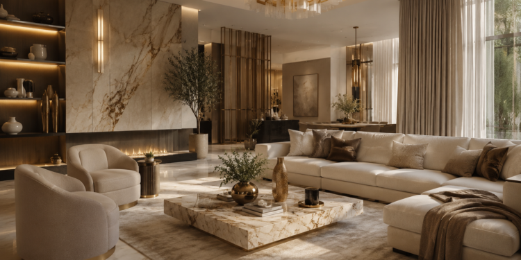 Best interior designers in Dubai scene with a luxury modern villa living room, marble surfaces, beige furniture, gold accents and elegant styling.