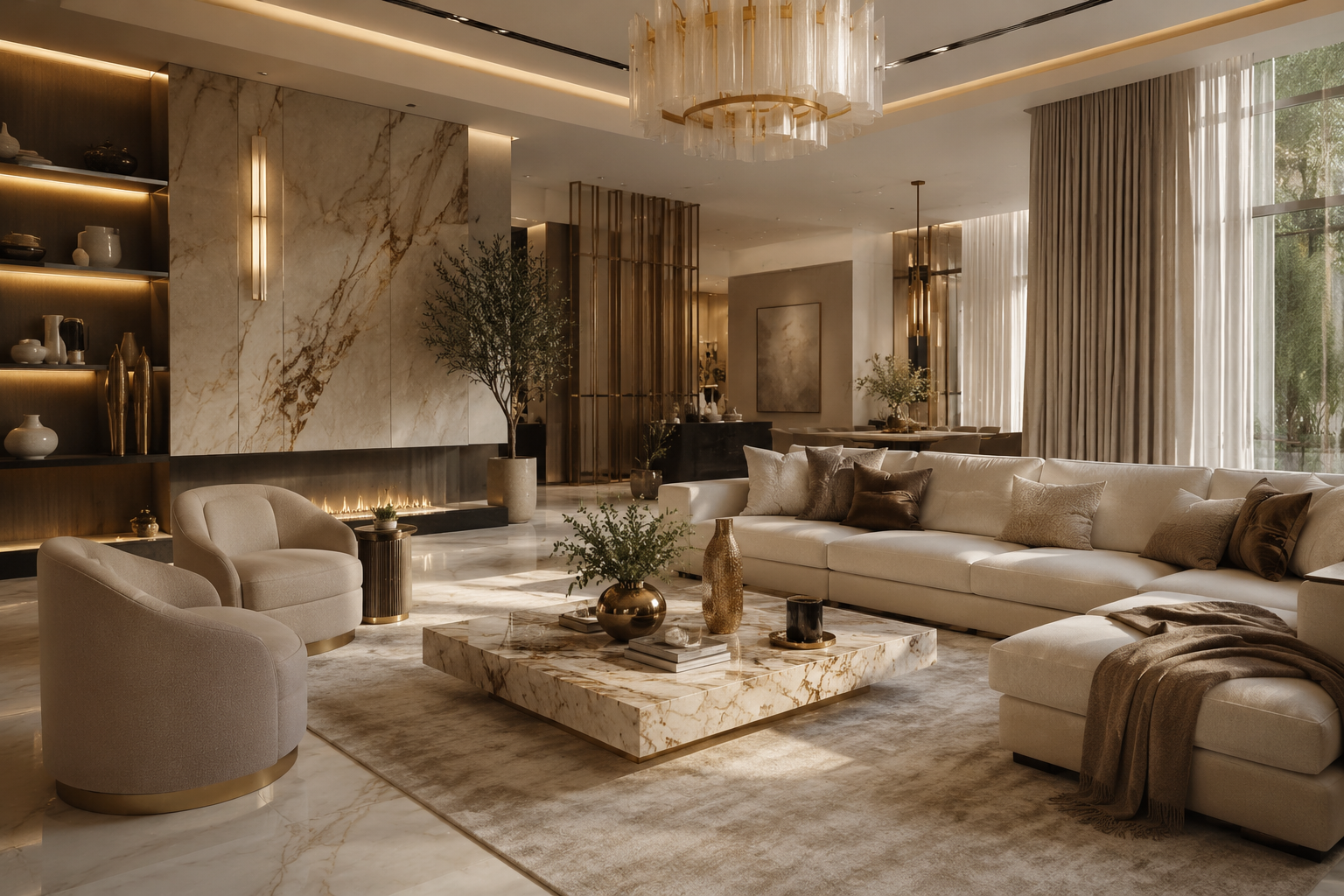 Best interior designers in Dubai scene with a luxury modern villa living room, marble surfaces, beige furniture, gold accents and elegant styling.