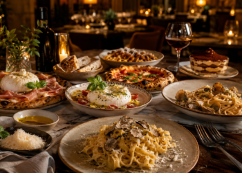 A premium Italian restaurant table with handmade pasta, burrata, seafood, pizza, olive oil and tiramisu in a warm luxury dining setting.