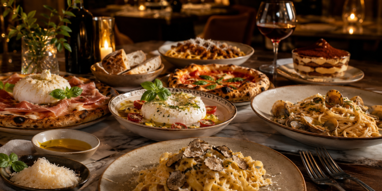 A premium Italian restaurant table with handmade pasta, burrata, seafood, pizza, olive oil and tiramisu in a warm luxury dining setting.