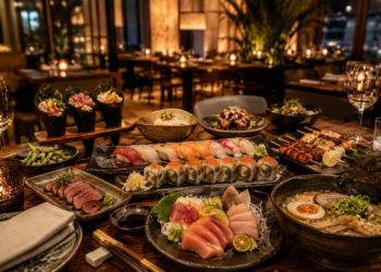 A premium Dubai Japanese restaurant table with sushi, ramen, robata, sashimi, hand rolls, elegant plates and warm golden lighting.